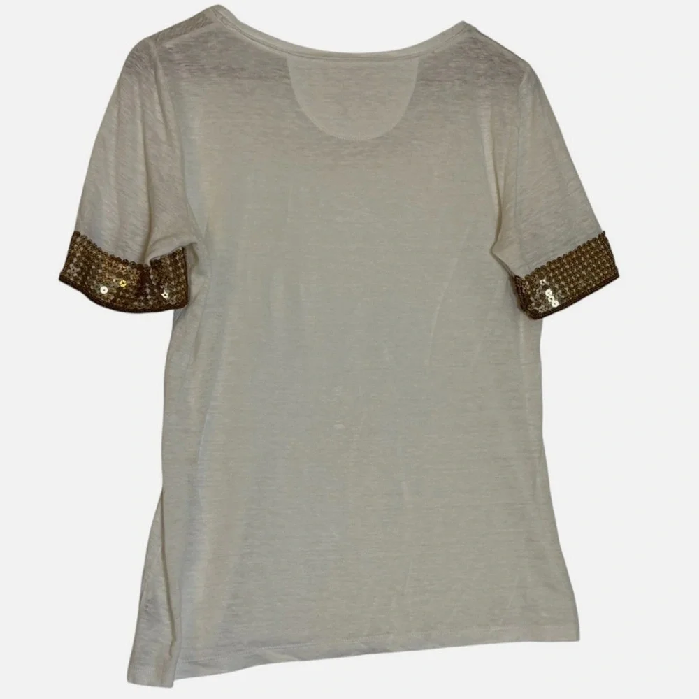 Tory Burch Linen T-Shirt Sm Short Sleeve Bronze / Copper Sequin Embellishments
